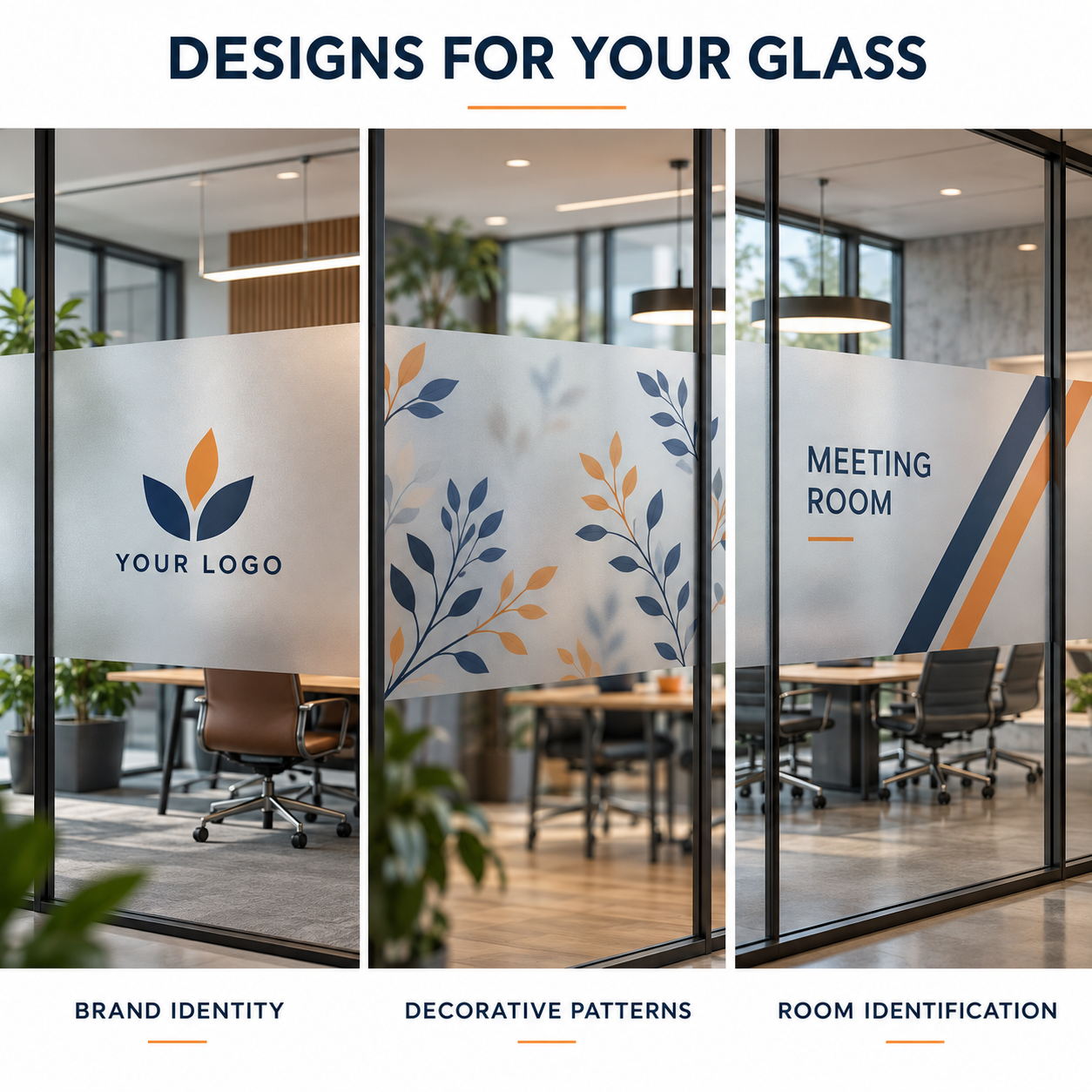 Frosted window graphic designs for brand identity, decorative patterns and meeting room identification