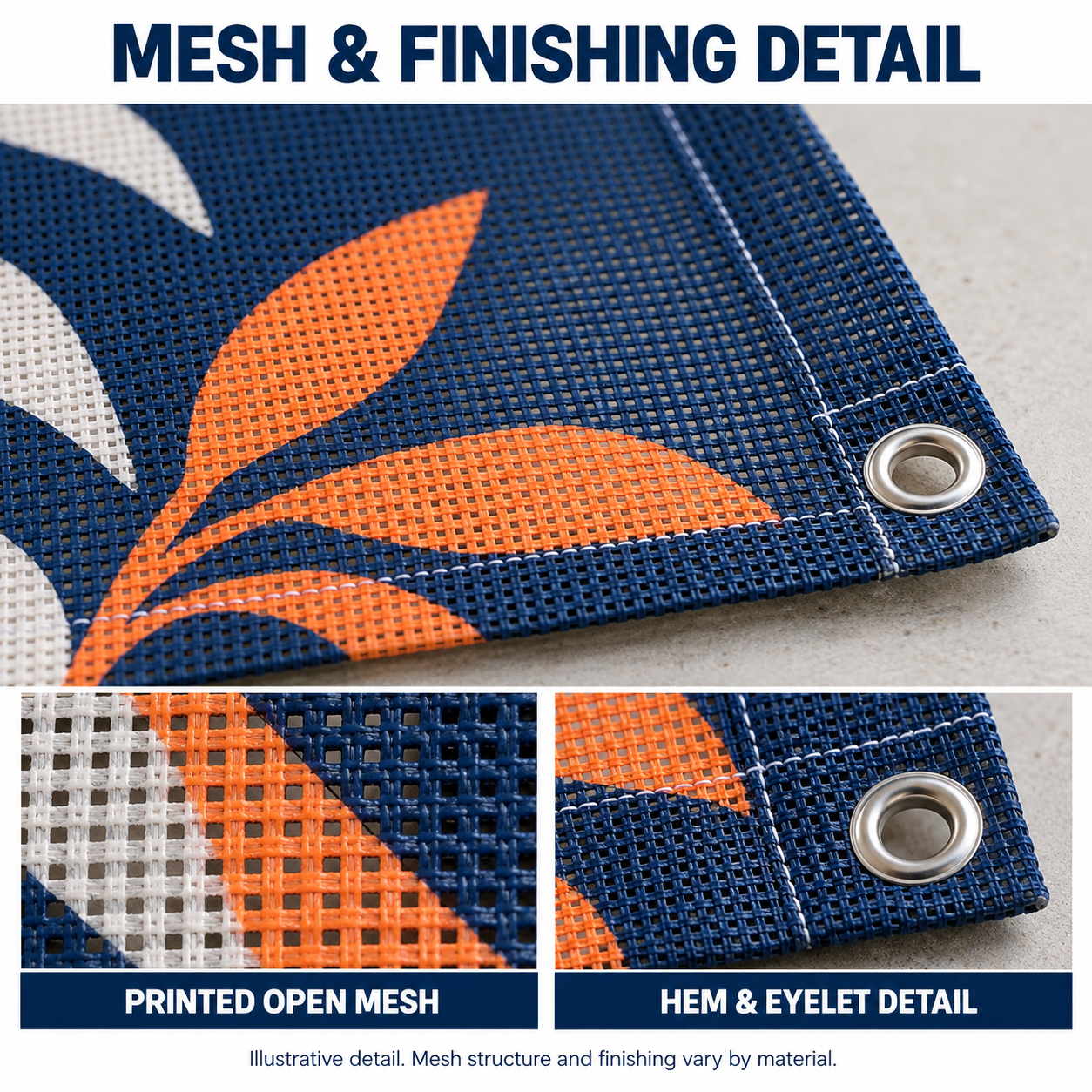 Illustrative close-up of printed open mesh banner material with a hem and silver metal eyelet