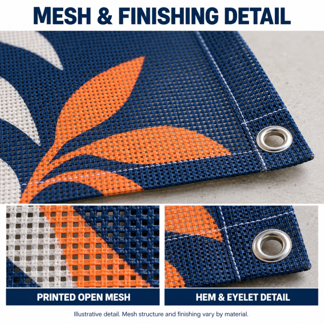 Illustrative close-up of printed open mesh banner material with a hem and silver metal eyelet