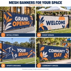 Mesh banner mockups at retail stores, event venues, sports grounds and community spaces