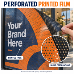 Illustrative close-up of printed perforated window film showing open holes and a dark reverse side