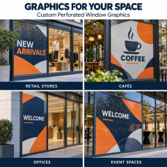 Perforated window graphics mockups for retail stores, cafes, offices and event spaces