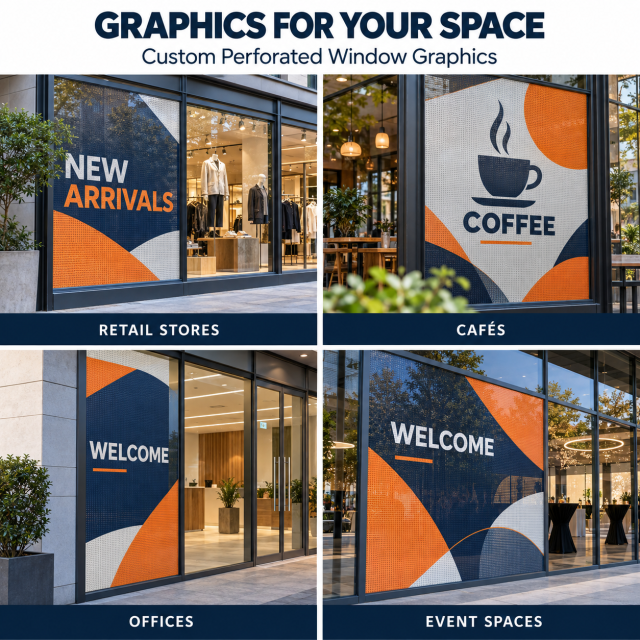 Perforated window graphics mockups for retail stores, cafes, offices and event spaces