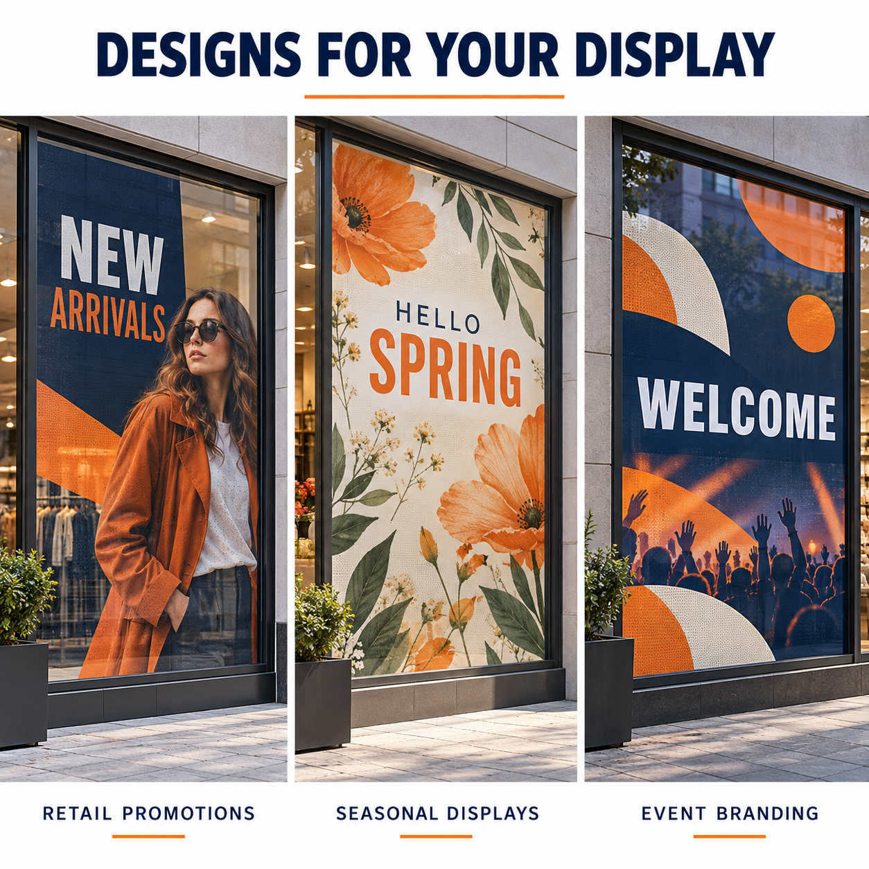 Perforated window graphic designs for retail promotions, seasonal displays and event branding