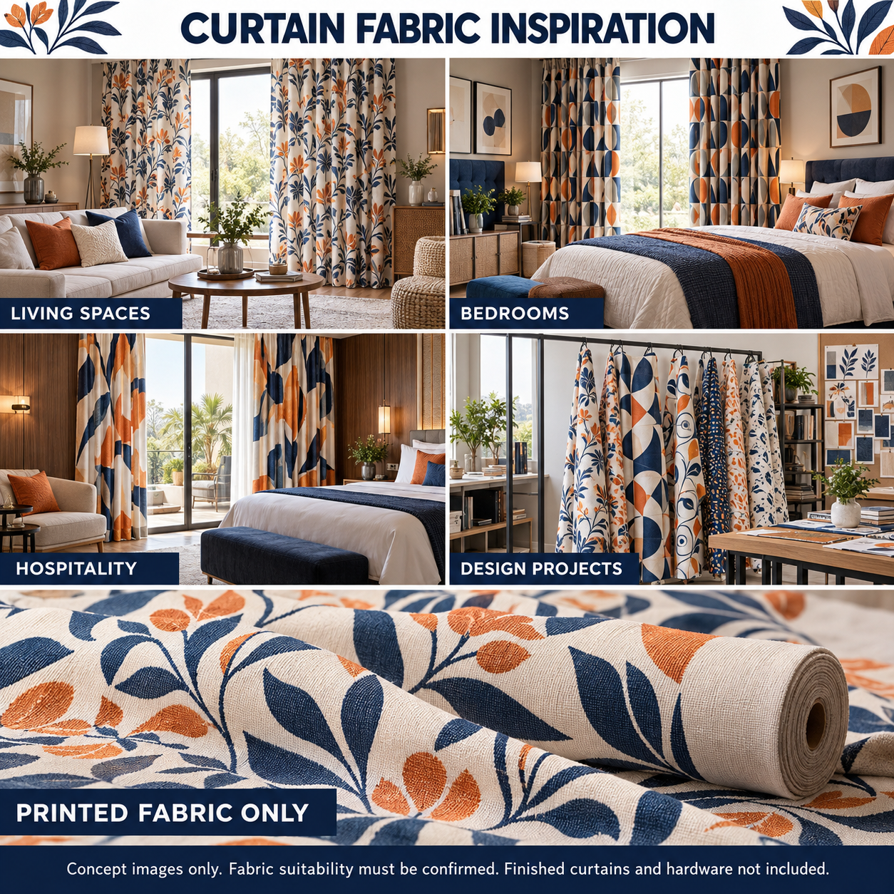 Curtain design inspiration for living spaces, bedrooms and hospitality, with printed fabric supply shown below