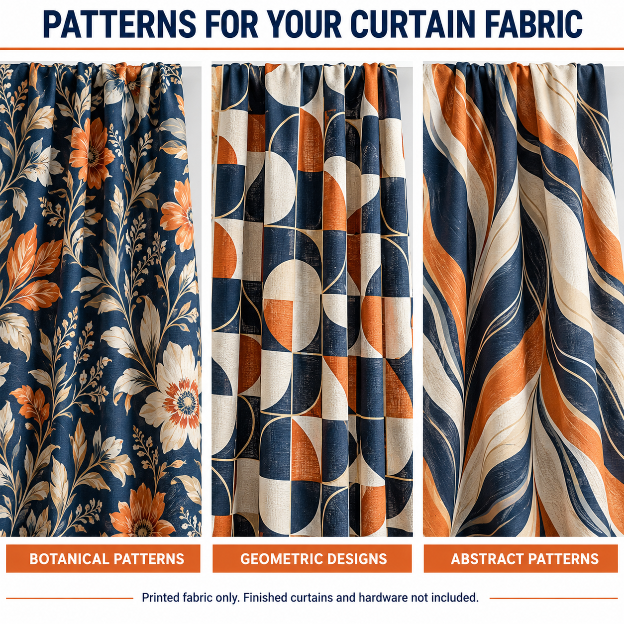 Printed curtain fabric mockups featuring botanical, geometric and abstract patterns