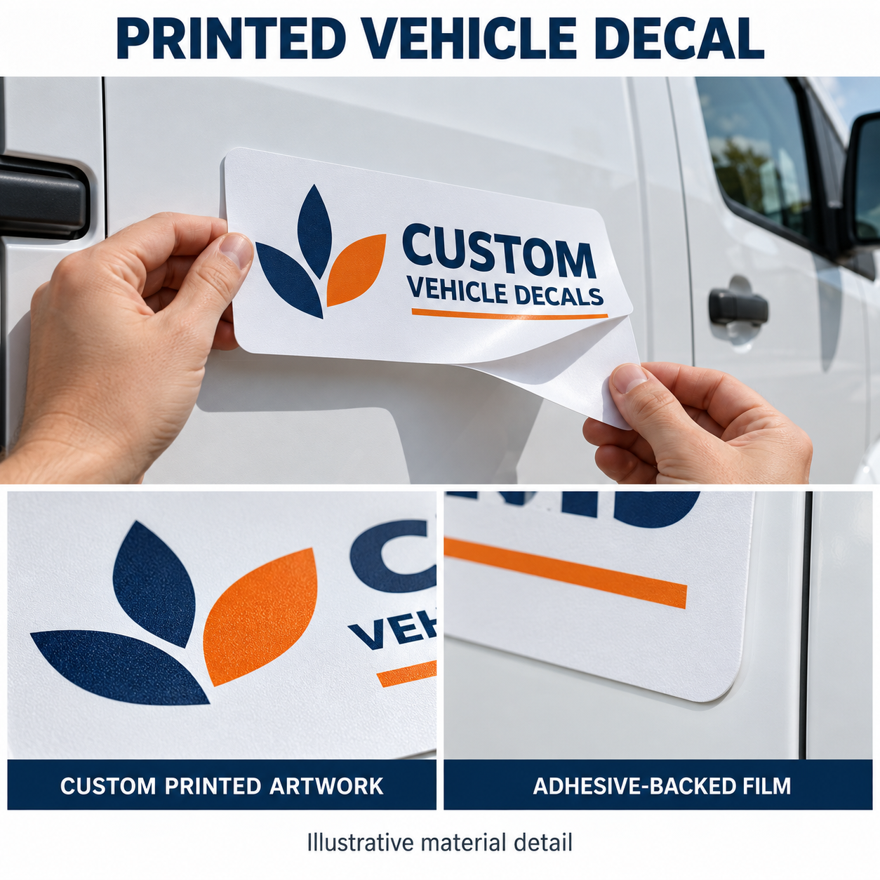 Illustrative close-up of a printed adhesive vehicle decal being separated from its release liner