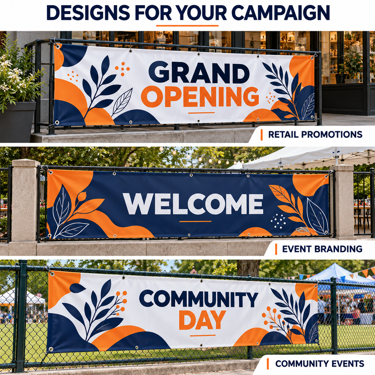 PVC vinyl banner mockups for grand openings, event welcomes and community activities