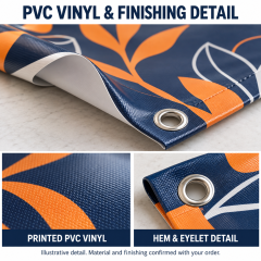 Illustrative close-up of printed PVC vinyl banner material with a folded hem and silver metal eyelet