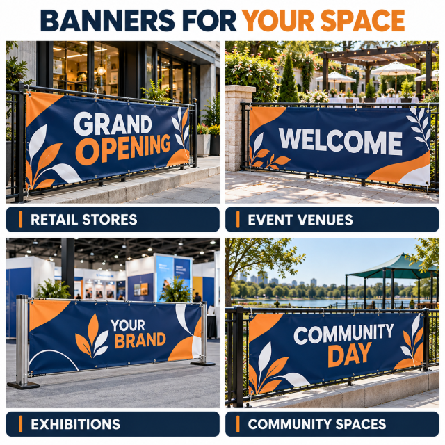 PVC vinyl banner mockups at retail stores, event venues, exhibitions and community spaces