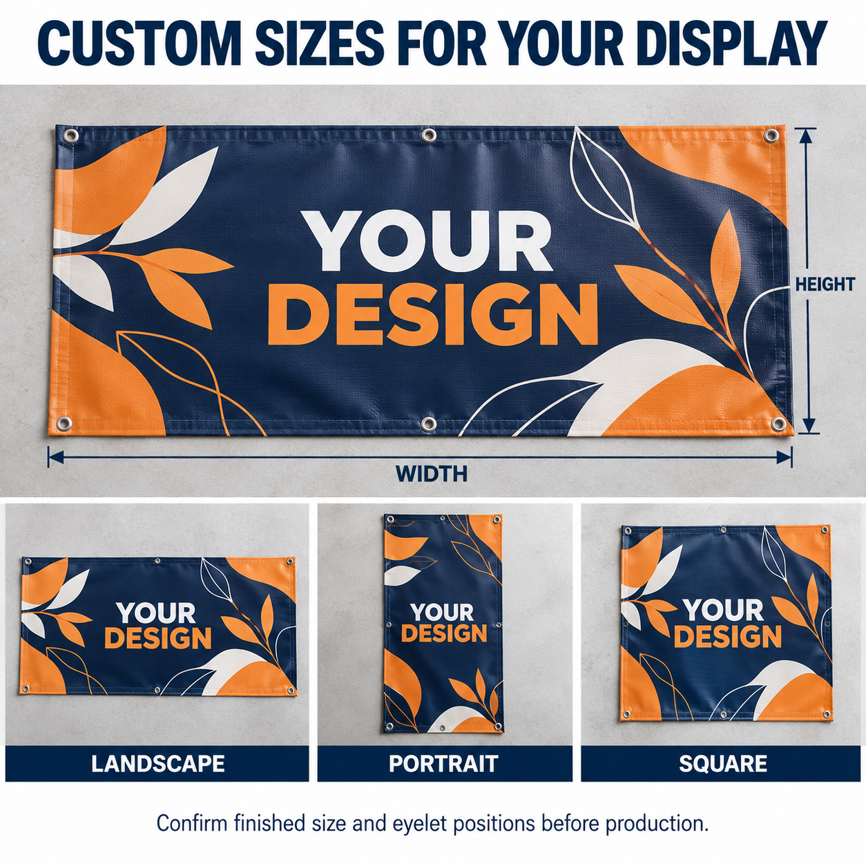 Custom PVC vinyl banner size illustration with landscape, portrait and square formats