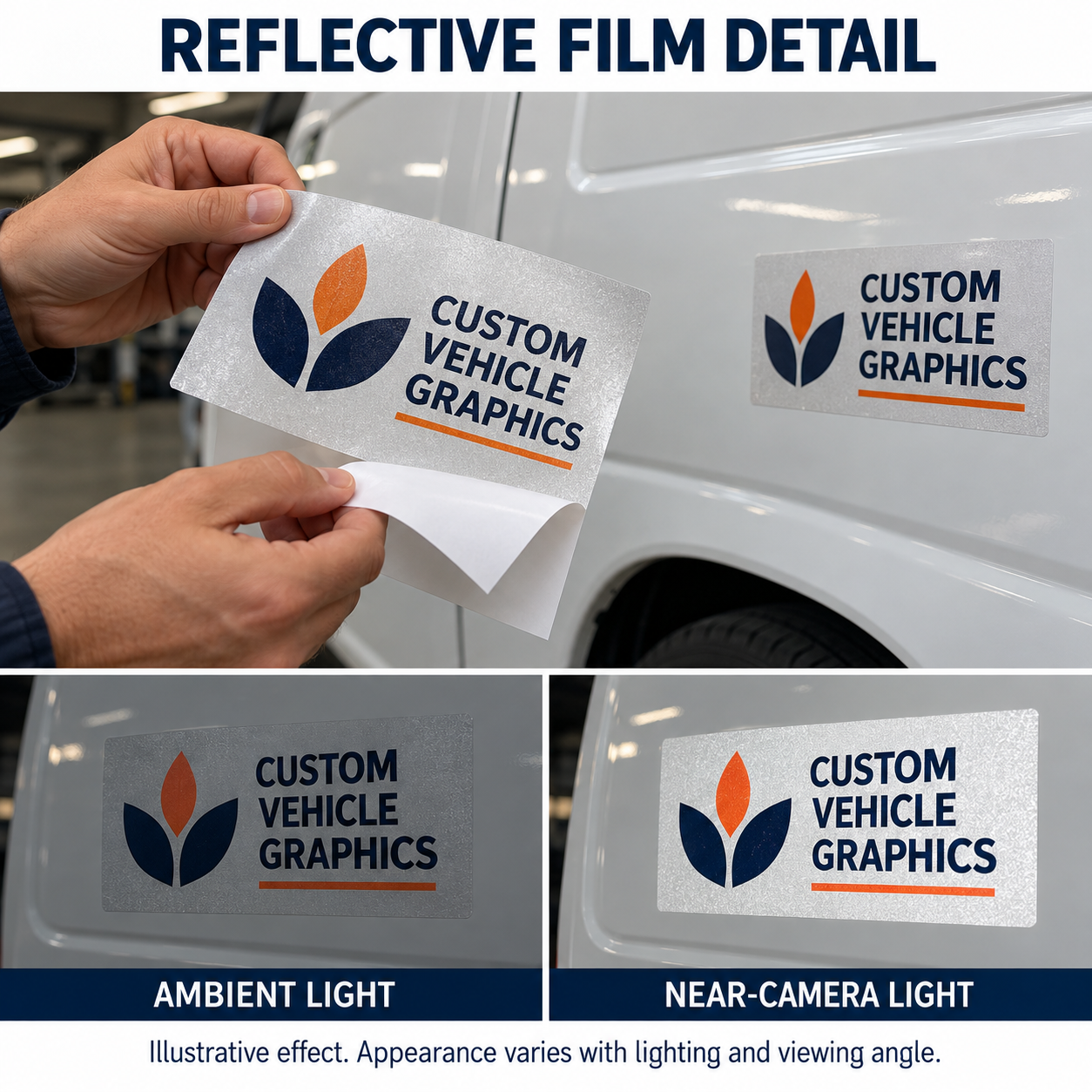 Illustrative reflective film detail with release liner and appearance under ambient and near-camera light