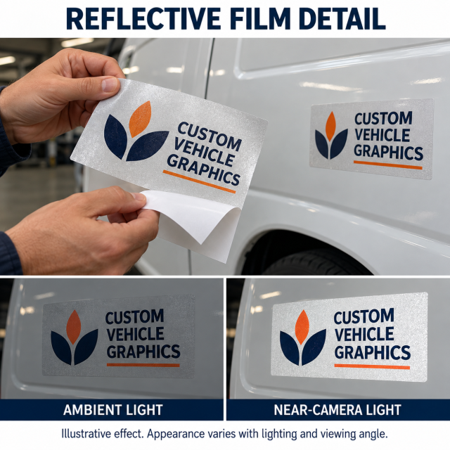 Illustrative reflective film detail with release liner and appearance under ambient and near-camera light