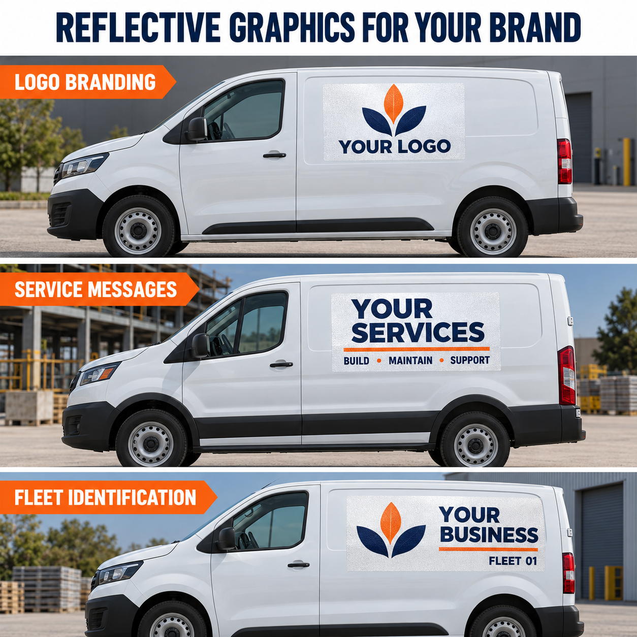 Reflective vehicle graphic mockups for logo branding, service messages and fleet identification