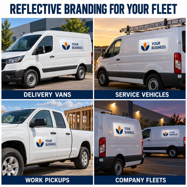 Reflective branding mockups on delivery vans, service vehicles, work pickups and company fleets