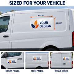 Reflective vehicle graphics mockup showing custom logo, text and artwork options