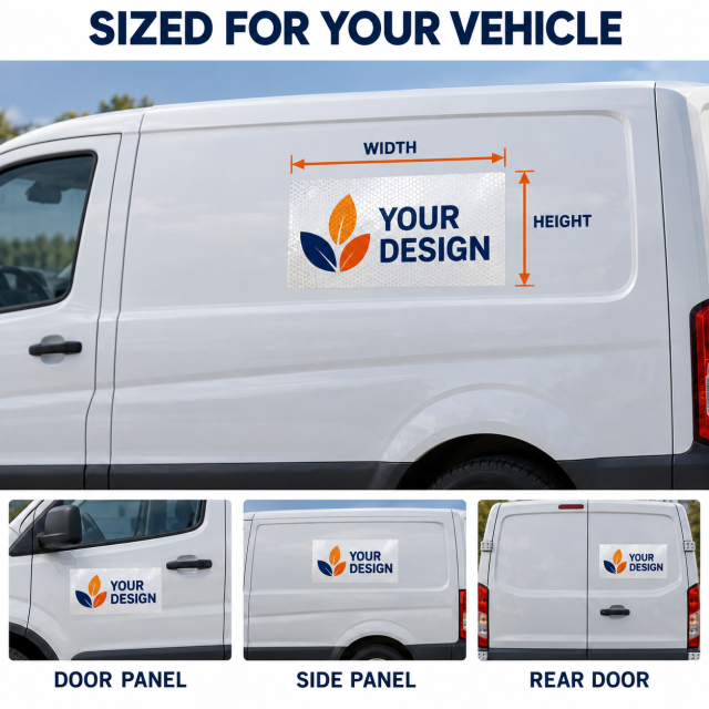 Reflective vehicle graphics mockup showing custom logo, text and artwork options