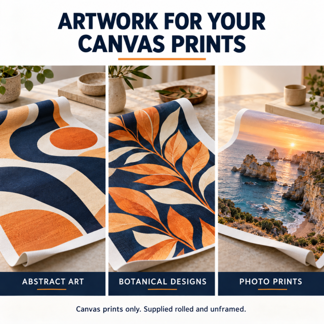 Unframed canvas print mockups featuring abstract artwork, botanical designs and a coastal photograph
