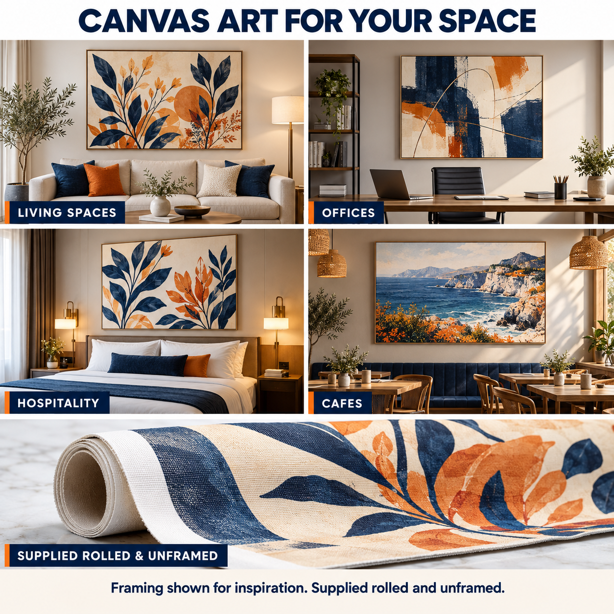 Framing inspiration for canvas prints in homes, offices, hospitality spaces and cafes, with rolled canvas supply shown below