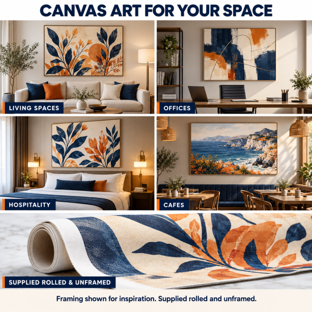 Framing inspiration for canvas prints in homes, offices, hospitality spaces and cafes, with rolled canvas supply shown below