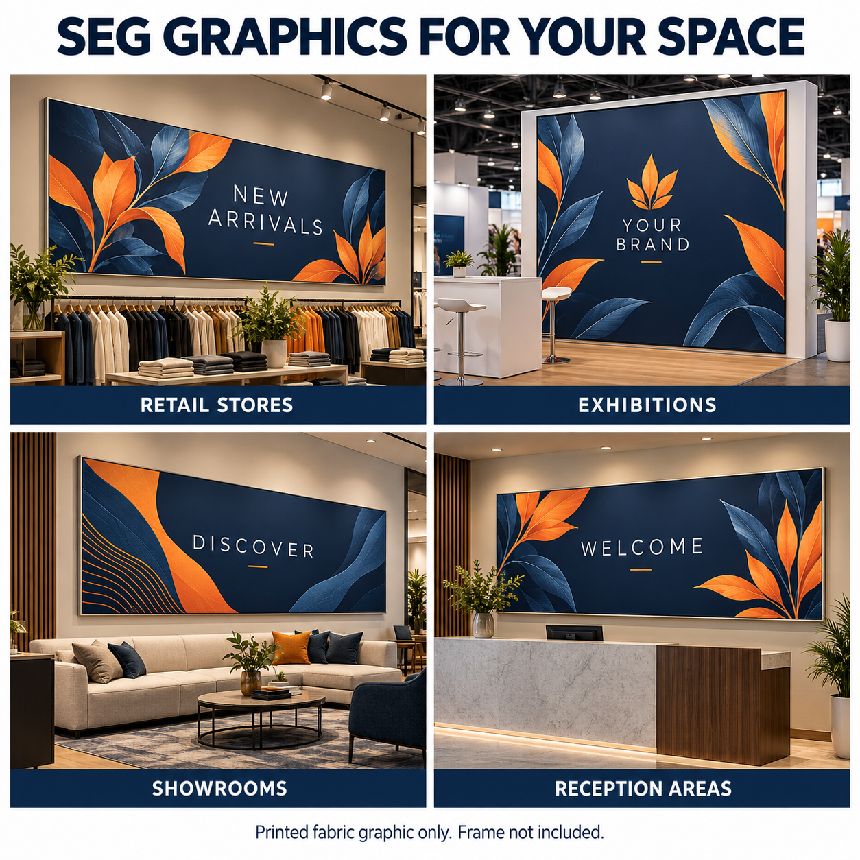 SEG fabric graphic mockups in retail stores, exhibitions, showrooms and reception areas