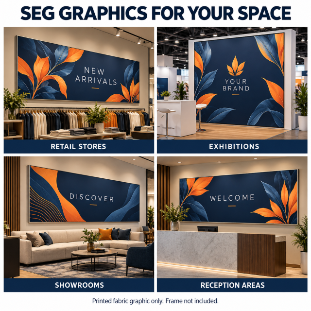 SEG fabric graphic mockups in retail stores, exhibitions, showrooms and reception areas