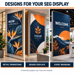 SEG fabric graphic mockups for retail promotions, brand displays and event branding