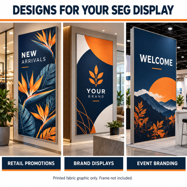 SEG fabric graphic mockups for retail promotions, brand displays and event branding