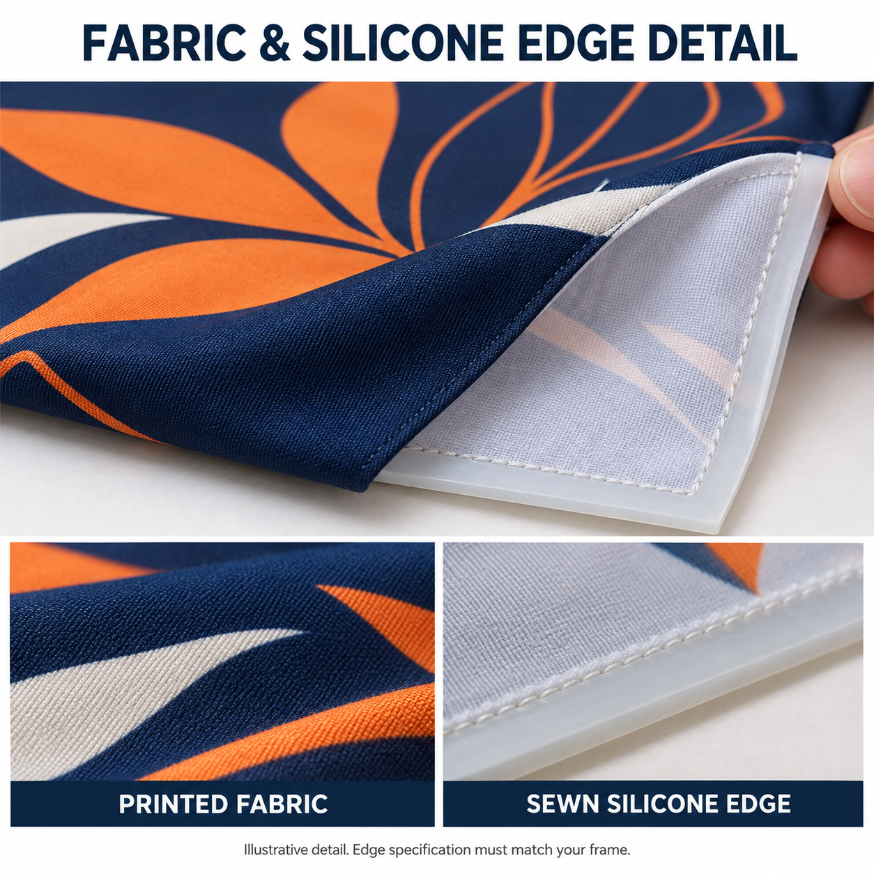 Illustrative close-up of printed SEG fabric with stitching and a flat sewn silicone edge