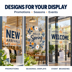 Static window cling designs for retail promotions, seasonal displays and event branding
