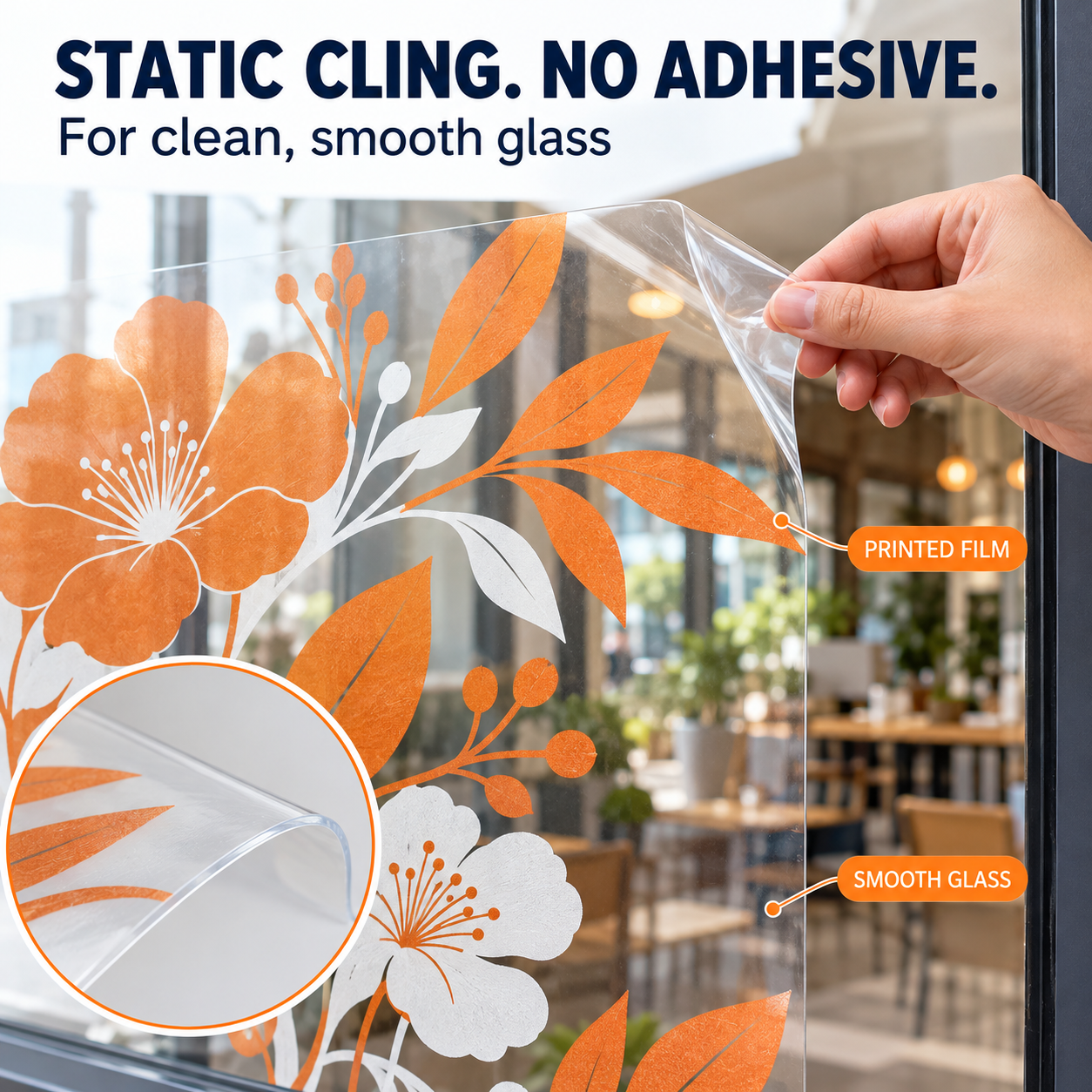 Illustration of a hand lifting an adhesive-free static cling from smooth glass