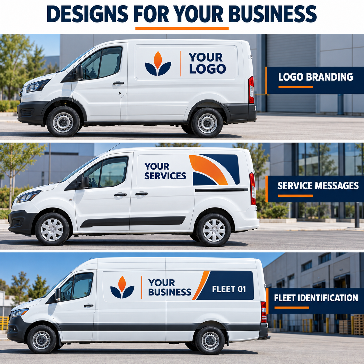 Vehicle decal design examples for logo branding, service messages and fleet identification