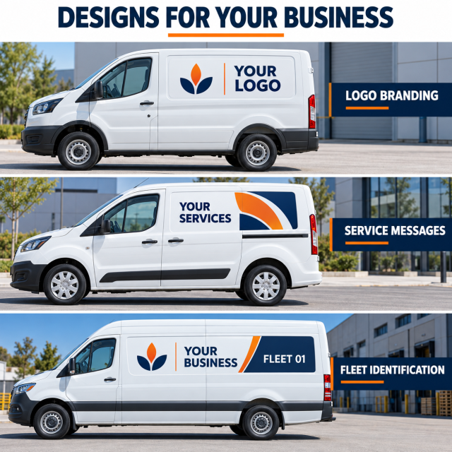 Vehicle decal design examples for logo branding, service messages and fleet identification