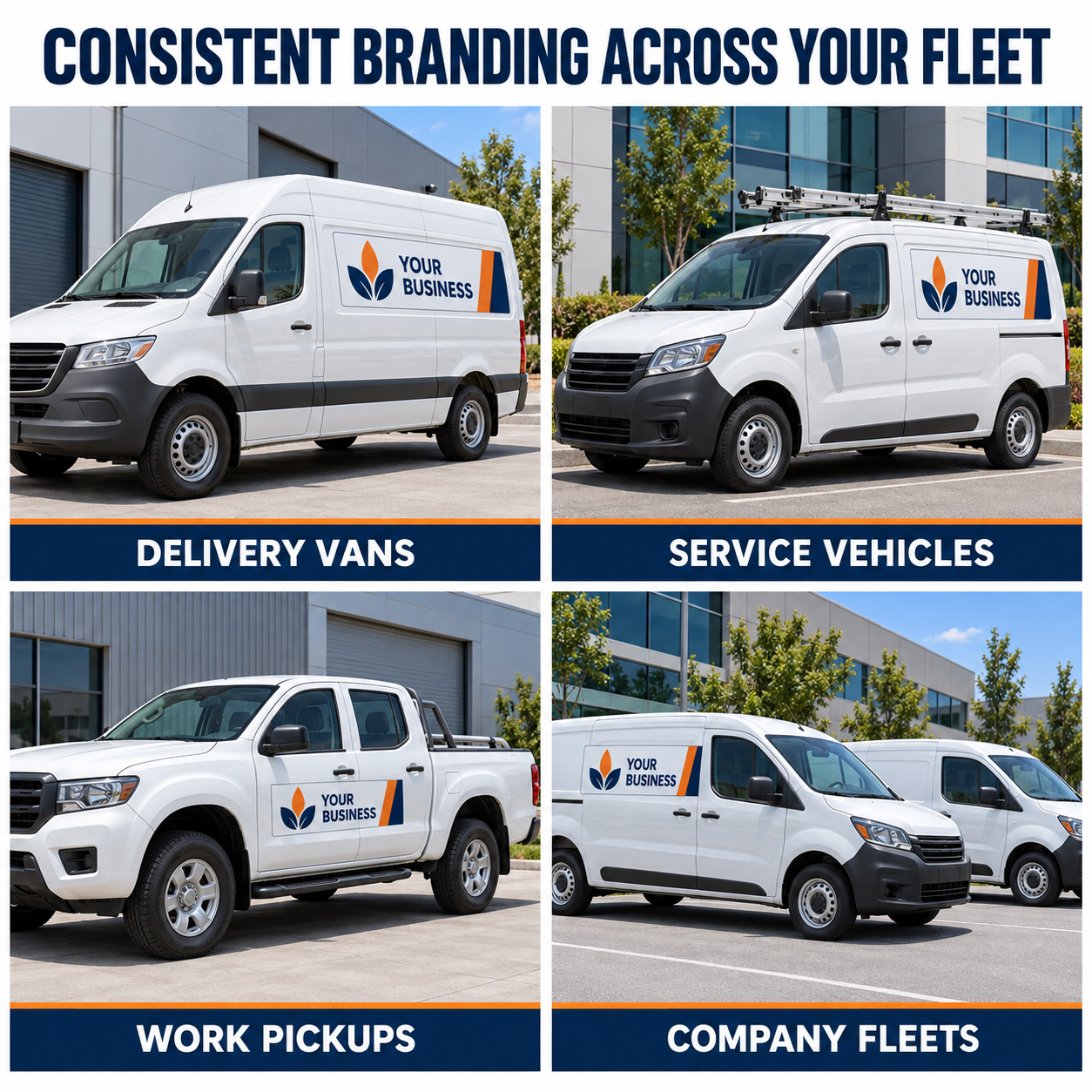 Fleet decal mockups on delivery vans, service vehicles, work pickups and company vehicles