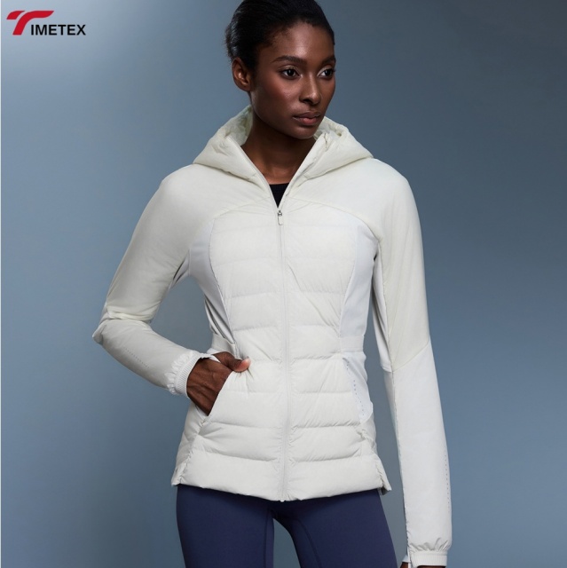 TIMETEX Roregal Autumn Hooded Down Jacket Women'S White Duck Down Splicing Breathable Lightweight Warm Windproof Fitness