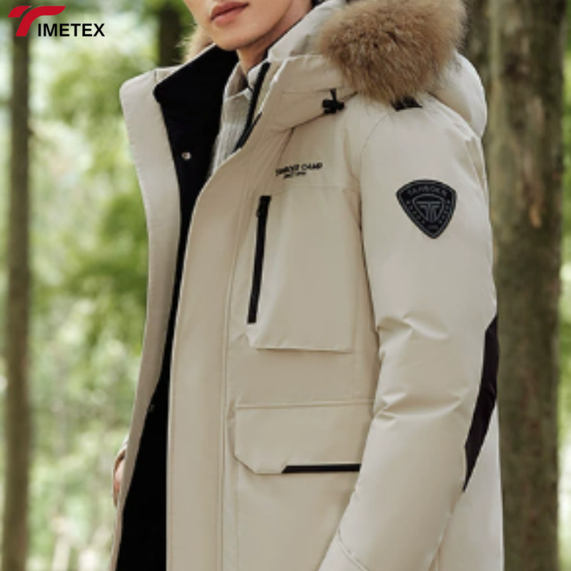 TIMETEX Custom Men's Down Coat Plus Size Gray Down Fur Hood Formal Woolen Fabric Zipper Closure Letter Pattern Collarless Front