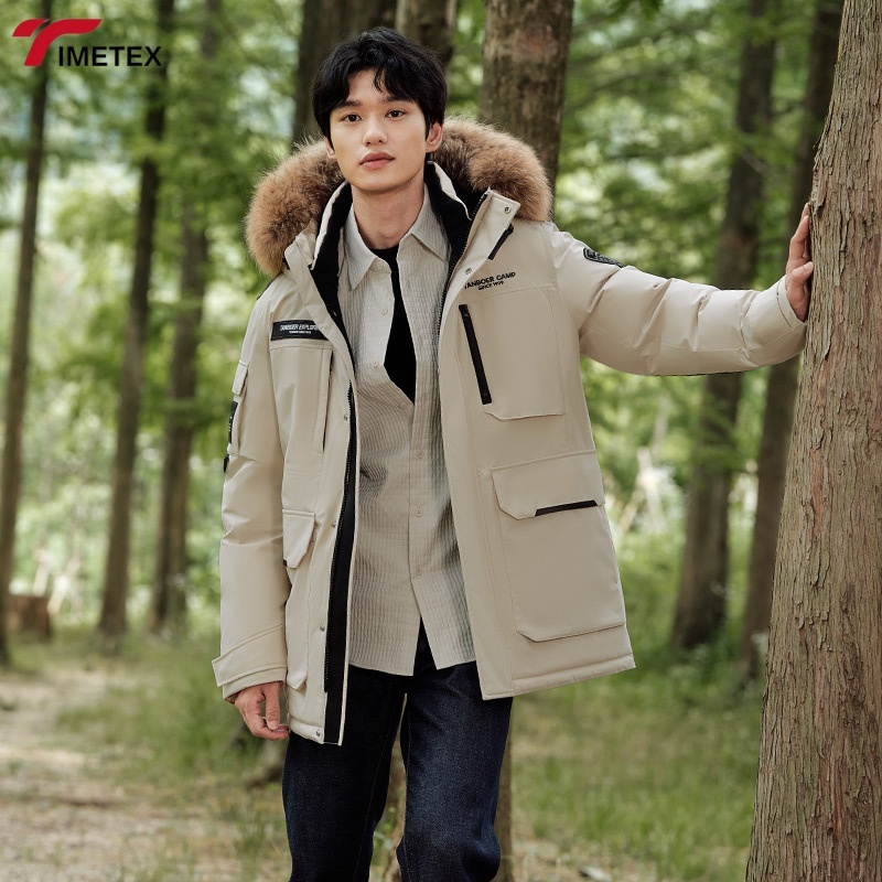 TIMETEX Custom Men's Down Coat Plus Size Gray Down Fur Hood Formal Woolen Fabric Zipper Closure Letter Pattern Collarless Front