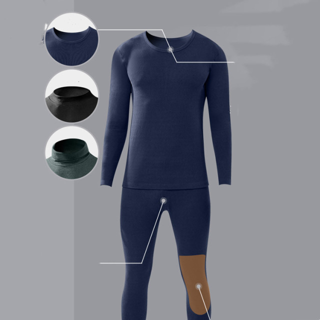 Men Round Neck Cationic Thermal Underwear Men Moisture Wicking Underwear Knee Pad Long Pants Suit