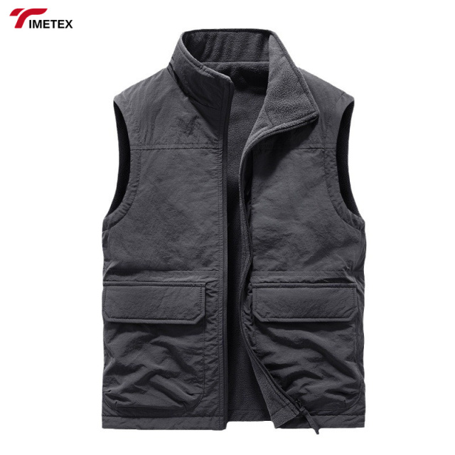 Men's Casual Autumn Winter Outdoor Waistcoat Double-Sided Wear Velvet Vest with Multi-Pocket Leisure Cargo Vest Sleeveless Coat