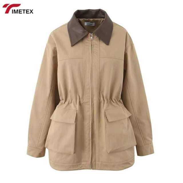 TIMETEX  Women's Hooded Zipper Drawstring Waist Windbreaker Jacket Puffer Embroidery Logo Decoration Woven for Autumn Season