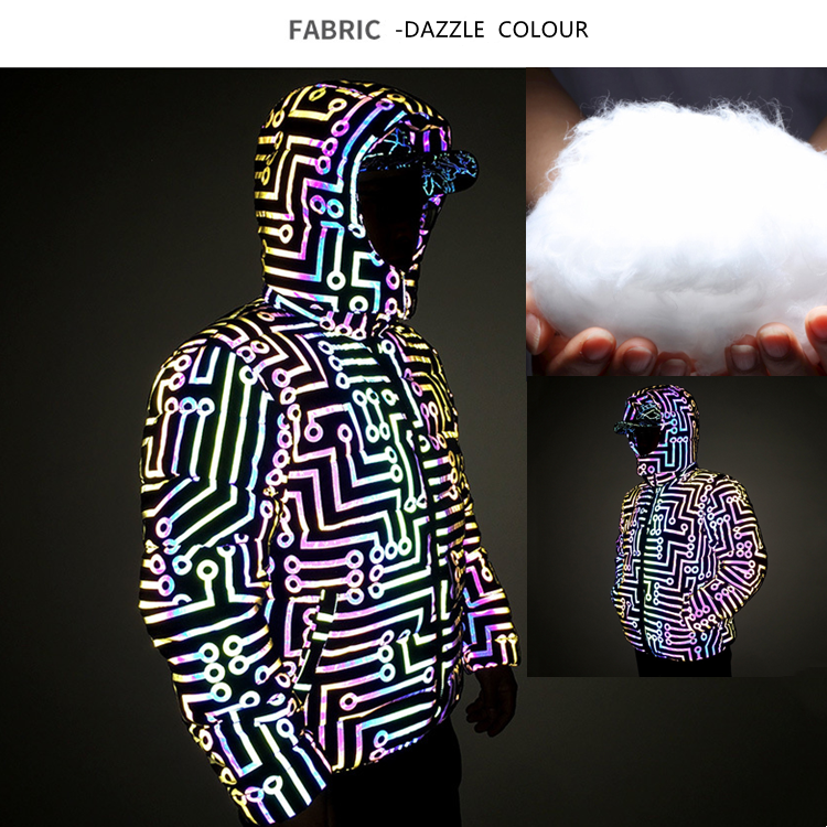 Comfortable Circuit Pattern High Vis Glitter Reflective Casual Bubble Jacket Coat Winter Down Clothing for Men Workout Hip-hop