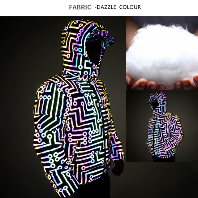 Comfortable Circuit Pattern High Vis Glitter Reflective Casual Bubble Jacket Coat Winter Down Clothing for Men Workout Hip-hop