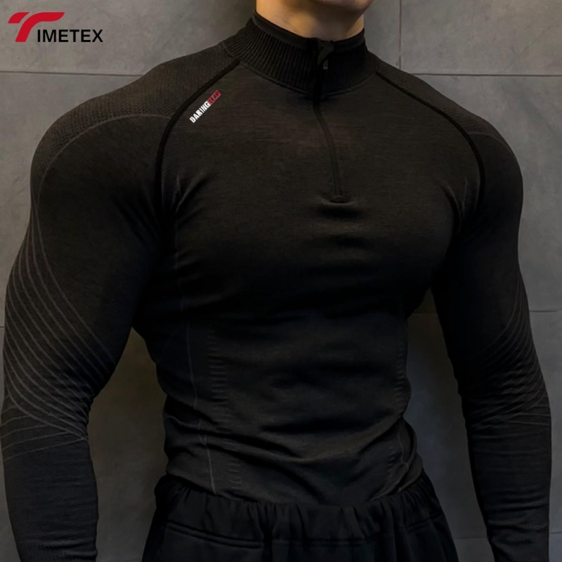 Men's Black Long Sleeve Compression Gym T-Shirt Athletic Polyester Spandex Workout Clothing-Solid Fit Running Men Style