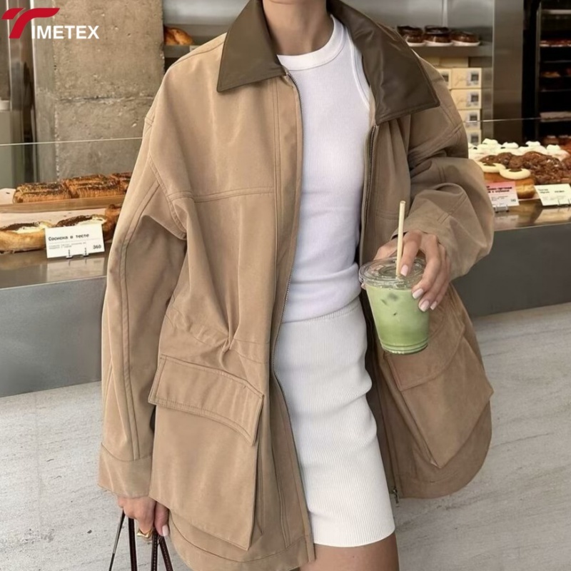 TIMETEX  Women's Hooded Zipper Drawstring Waist Windbreaker Jacket Puffer Embroidery Logo Decoration Woven for Autumn Season