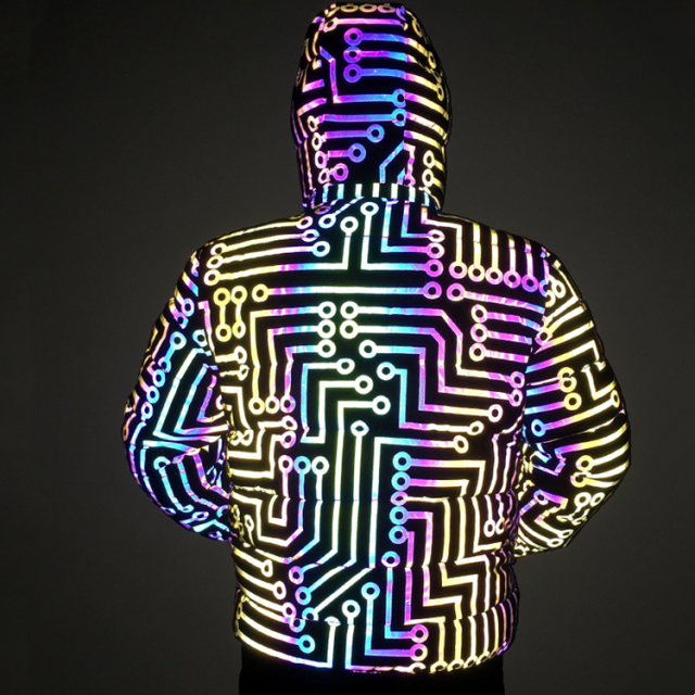 Comfortable Circuit Pattern High Vis Glitter Reflective Casual Bubble Jacket Coat Winter Down Clothing for Men Workout Hip-hop