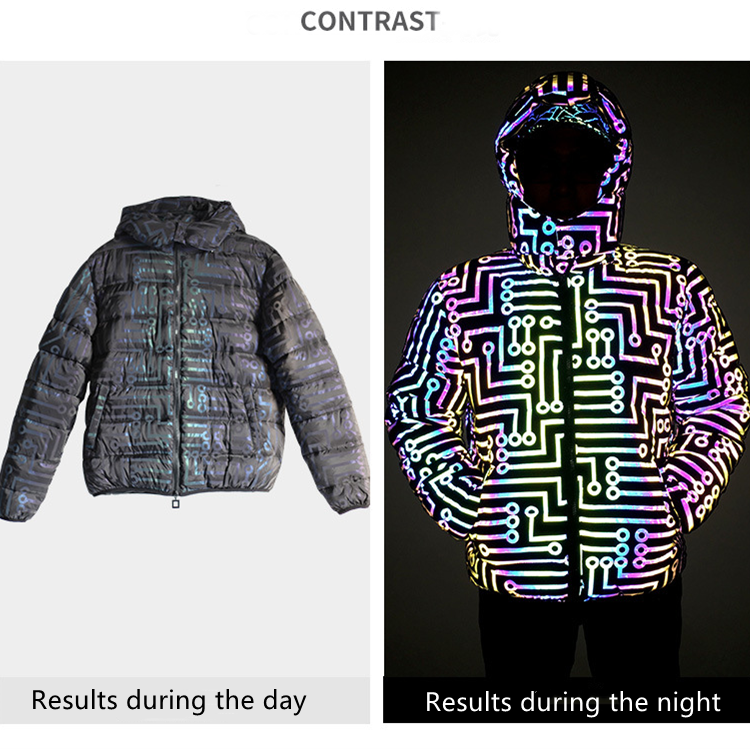 Comfortable Circuit Pattern High Vis Glitter Reflective Casual Bubble Jacket Coat Winter Down Clothing for Men Workout Hip-hop