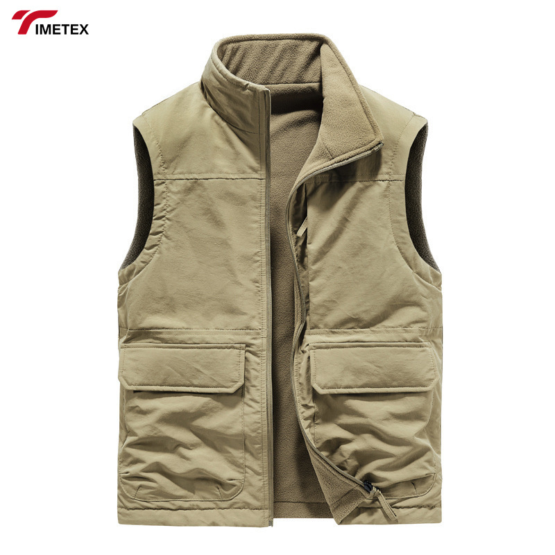 Men's Casual Autumn Winter Outdoor Waistcoat Double-Sided Wear Velvet Vest with Multi-Pocket Leisure Cargo Vest Sleeveless Coat