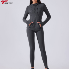 Custom LOGO Women's Long Sleeve Gym Fitness Top Slim Fit Athletic Wear Full Zip up Outdoor Yoga Hooded Jacket with Pocket