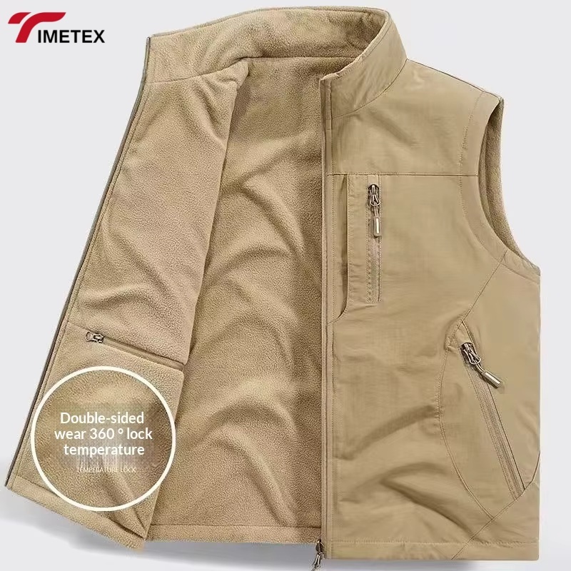 Men's Casual Double-Sided Plush Vest Jacket Large Size Thickened Stand-Up Collar Multiple Pockets for Work Photography Fishing