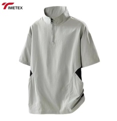 Men's Casual Summer Pullover T-Shirts Short Sleeve Hoodie Sweatshirt Loose Pocket Zipper Hip Hop Style Woven Fabric Solid Blank